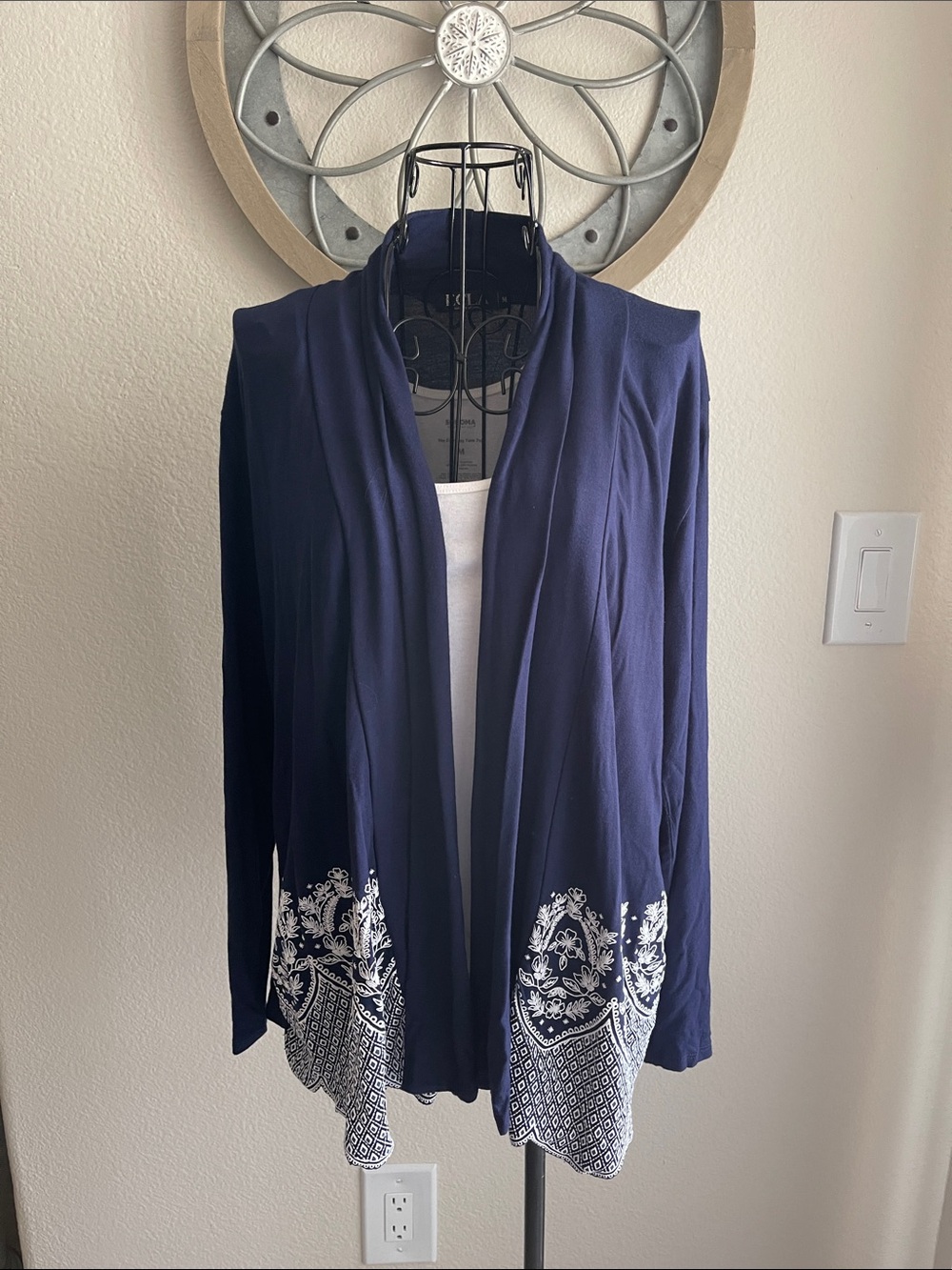 Navy Open-Front Women's Cardigan with White detail trim